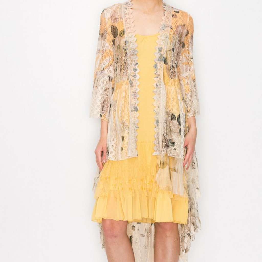 New Origami Designer Floral Lace Yellow Sm-4x Bohemian Western Duster Cardigan